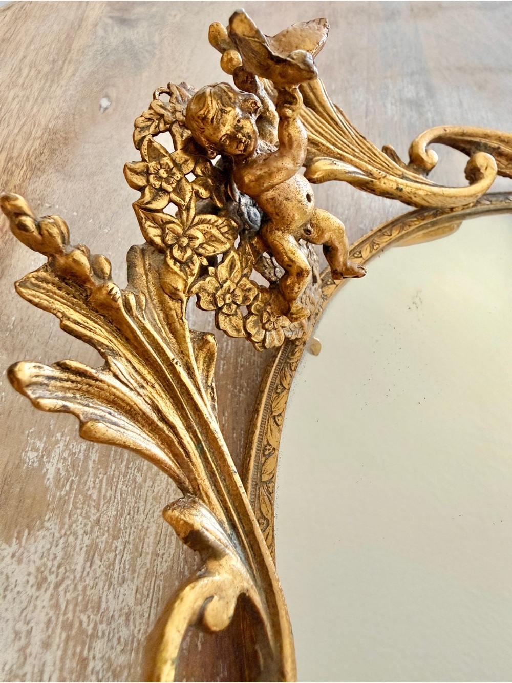 Vintage French Gold Tone Ormolu Cherub Bird Scroll Vanity Mirror